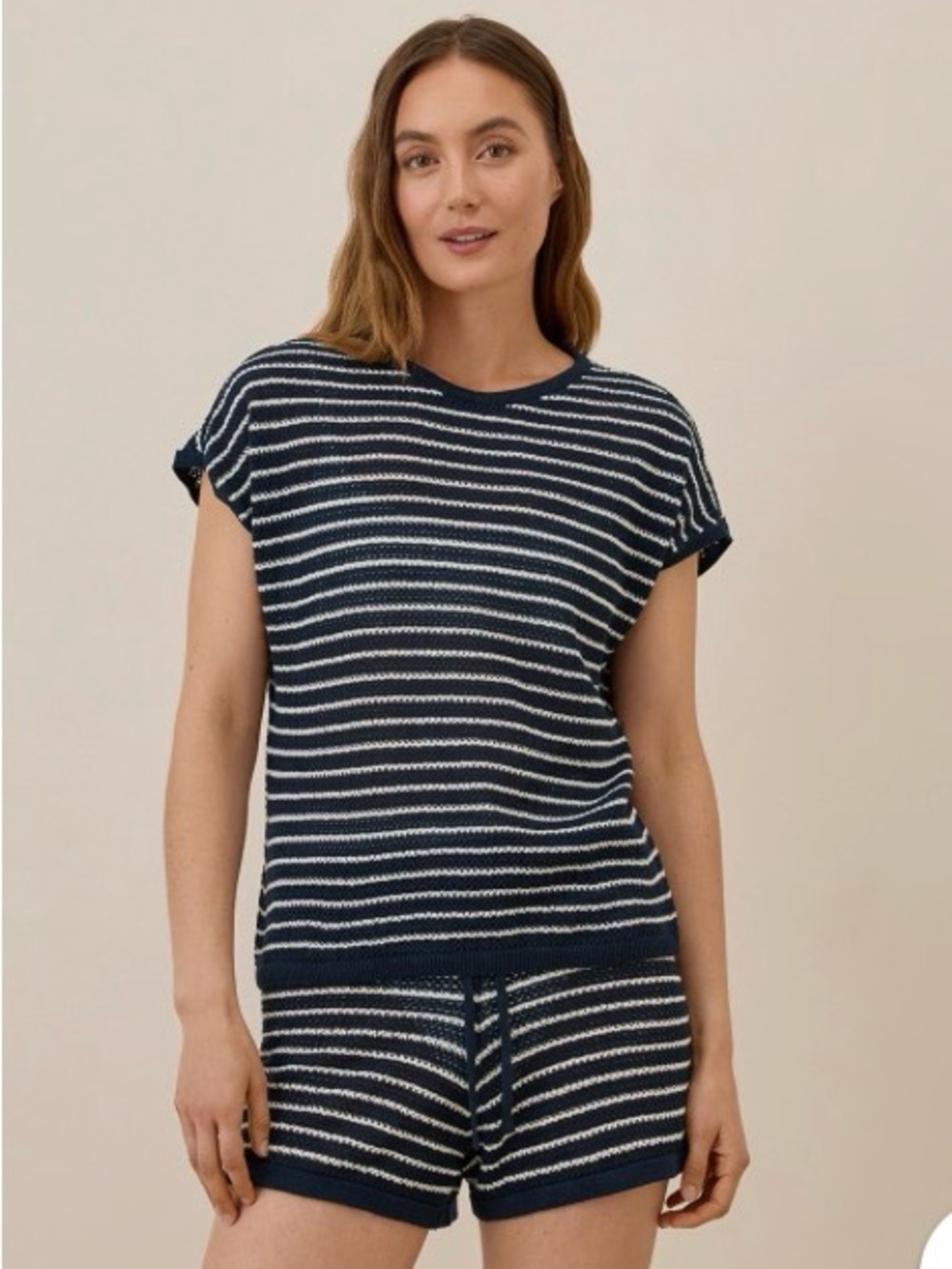 Pact Navy and White Striped Knit Short Sleeve Top